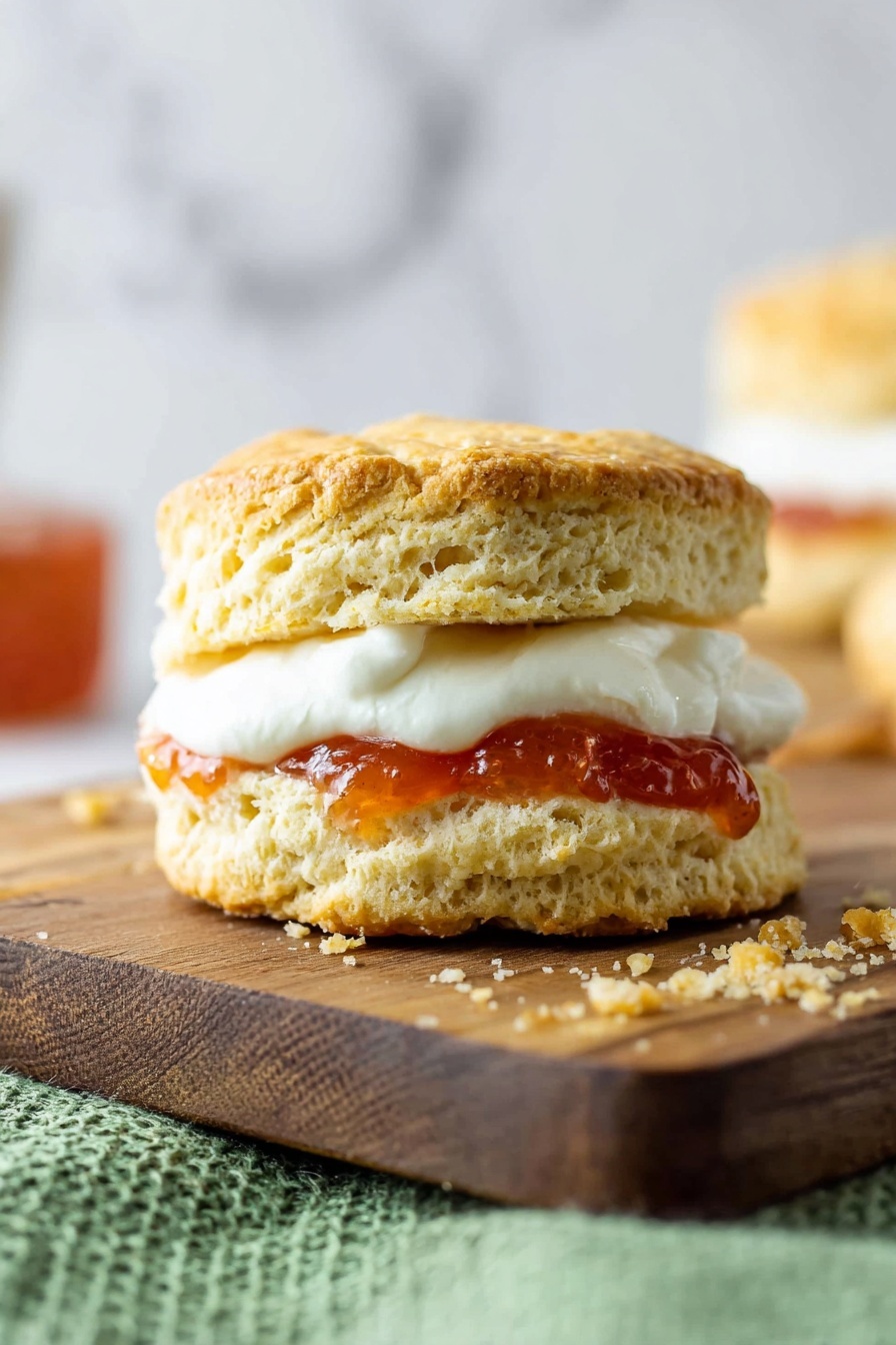 A scone with jam and cream on top.