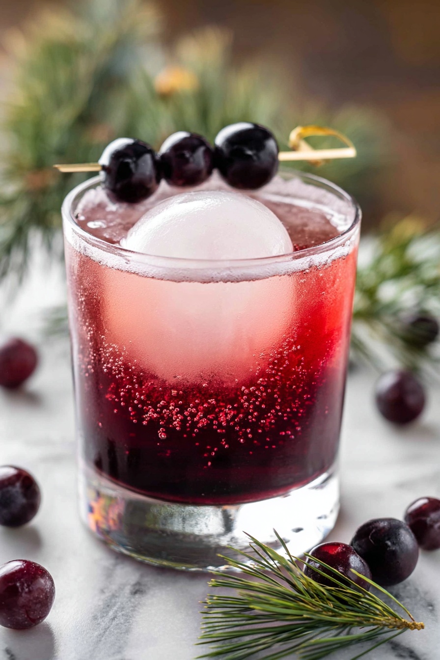 A glass of cranberry bourbon cocktail with a frozen cranberry in it.