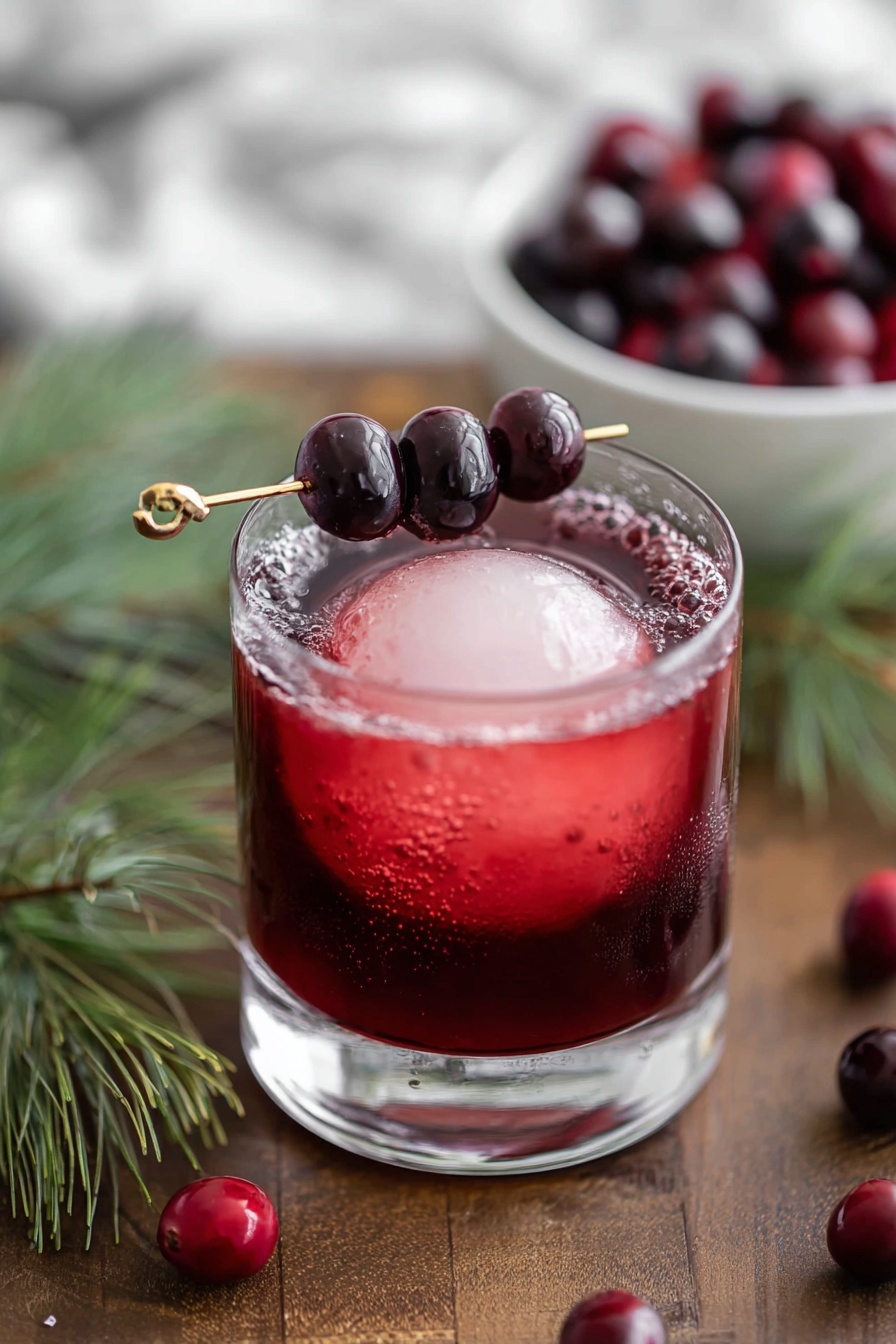A glass of cranberry bourbon cocktail with a cherry on top.