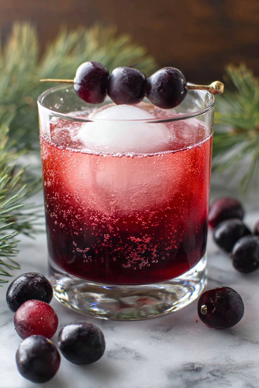 A glass of Cranberry Bourbon Cocktail with a garnish of cranberries.