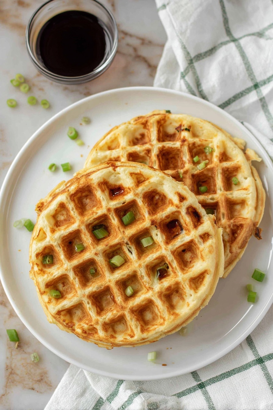 Two waffles with bacon and cheddar cheese.