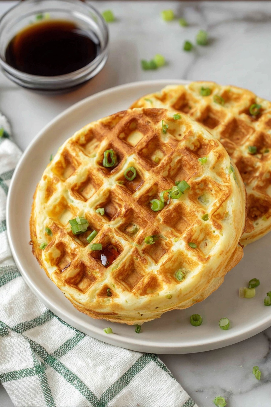 Two waffles with cheddar cheese and bacon.