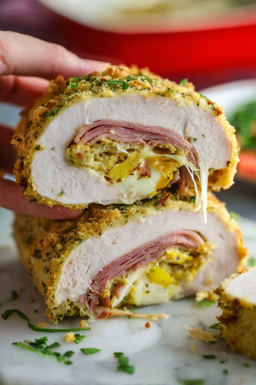 A person is holding a chicken rollatini.