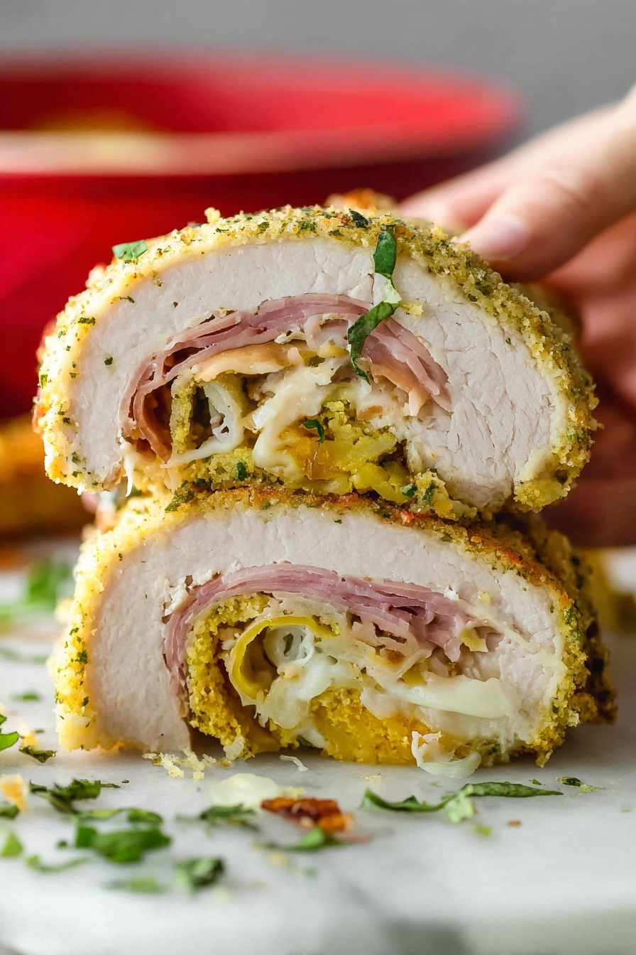 A chicken rollatini with cheese and ham.