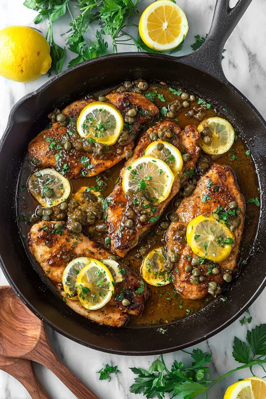 A pan of chicken with lemon and herbs.