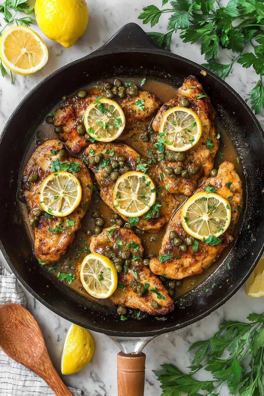 A pan of chicken with lemon slices on top.