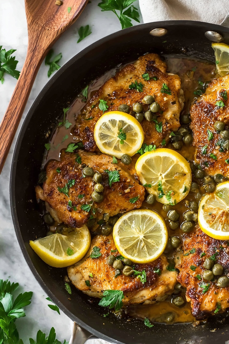 A pan of chicken with lemon and herbs.