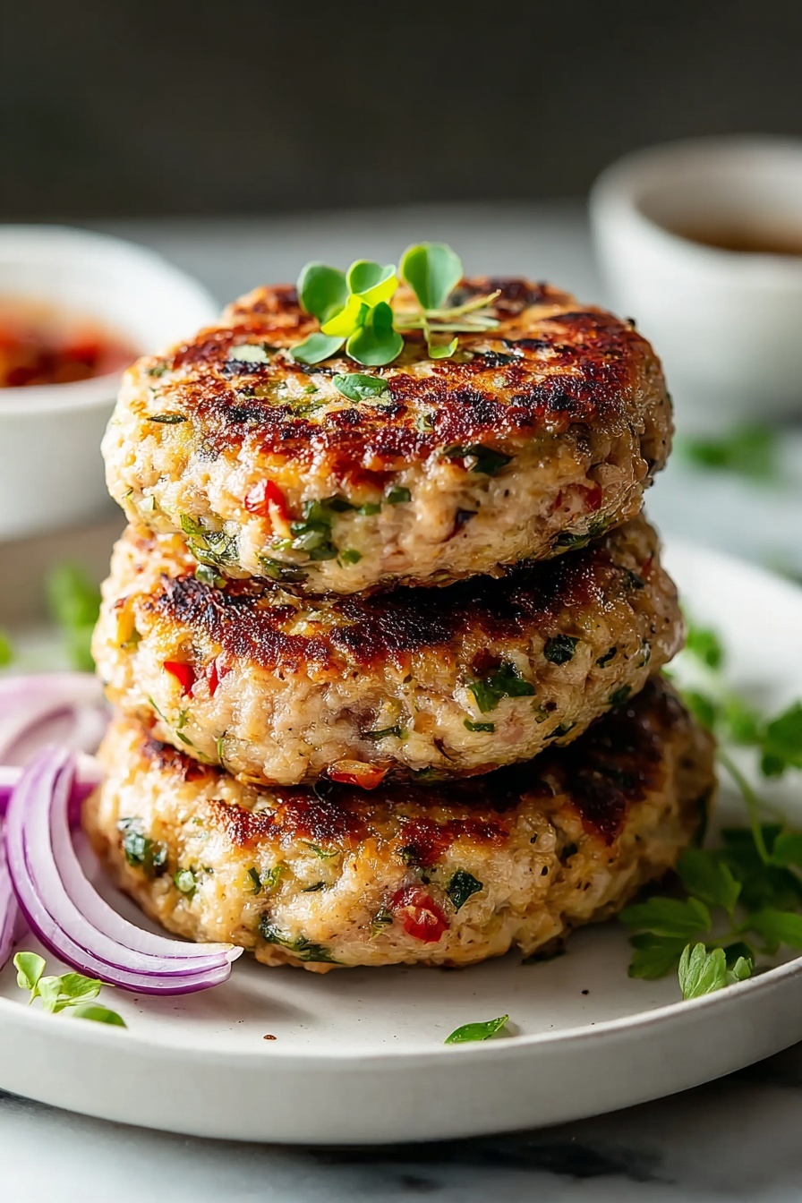Three stacked Greek chicken burgers with green toppings.