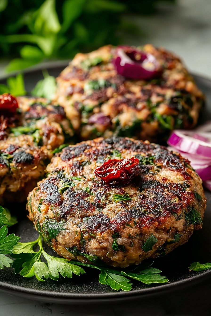 A plate of Greek chicken burgers with onions on top.