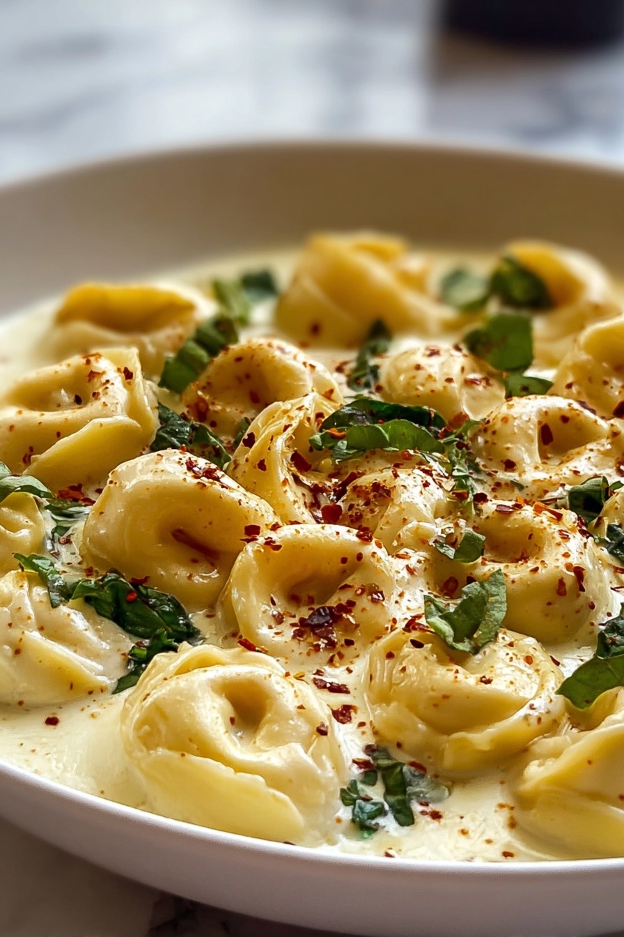 A bowl of creamy crockpot tortellini alfredo.