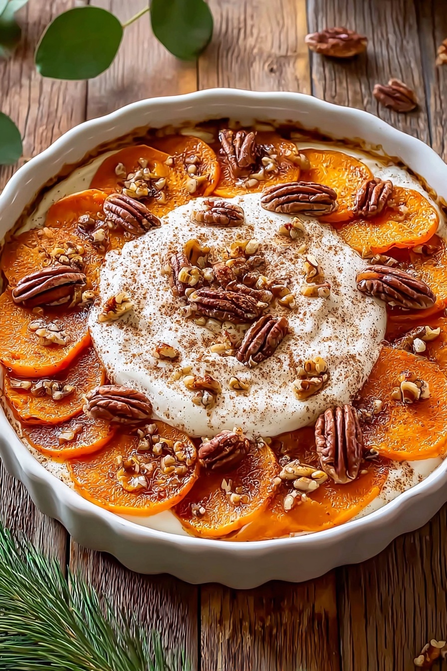 A white bowl filled with cinnamon scalloped sweet potatoes.