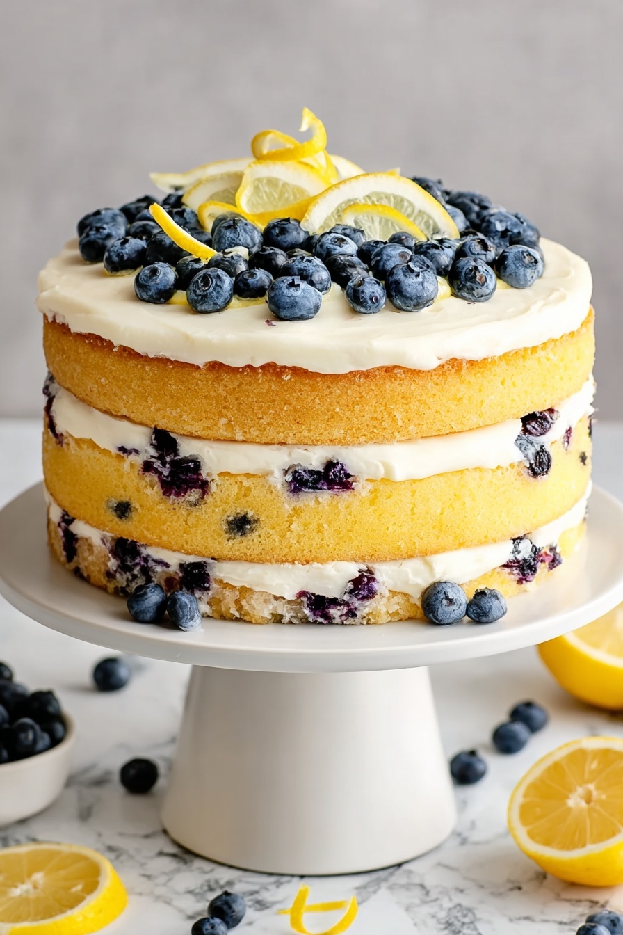 A three-layer cake with blueberries and lemon.