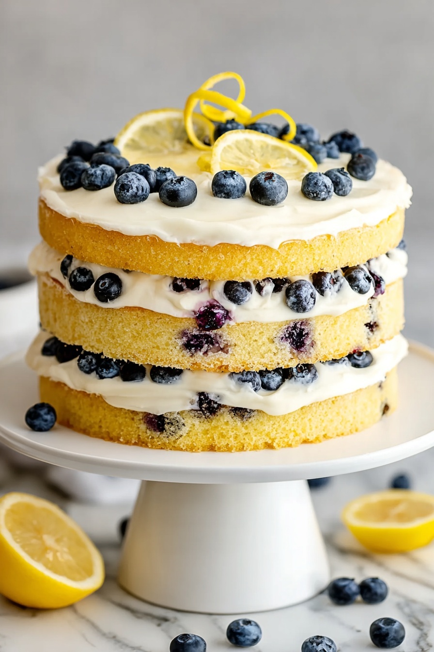 A three-layer cake with blueberries and lemon wedges on top.