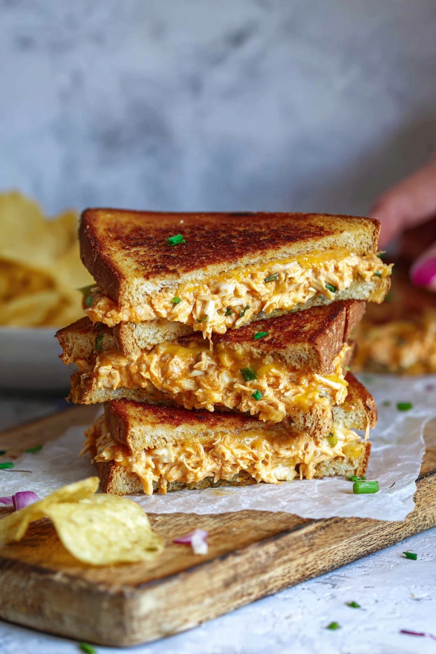 A stack of three hot and cheesy chicken melts.