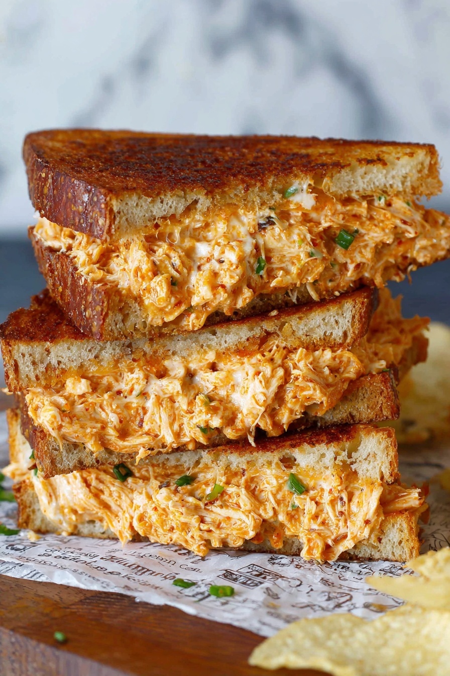 A stack of three hot and cheesy chicken melts.