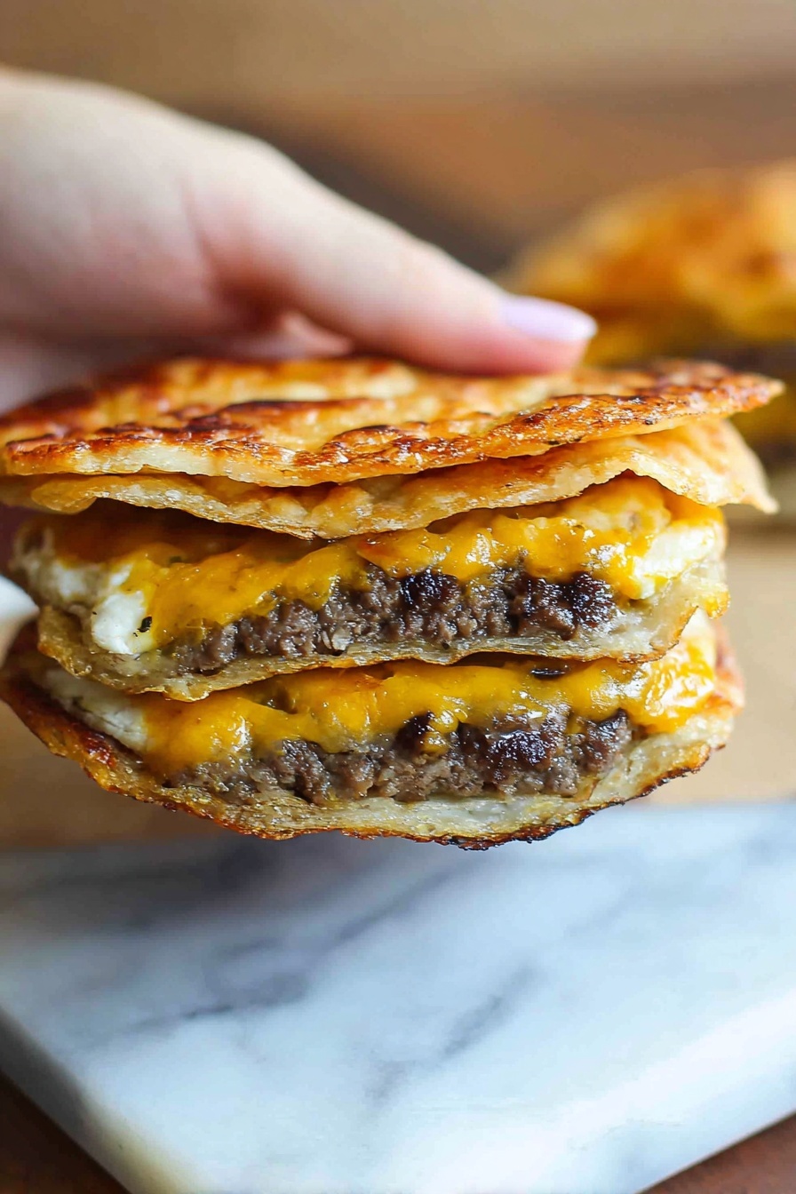 A person is holding a burger with cheese and meat.