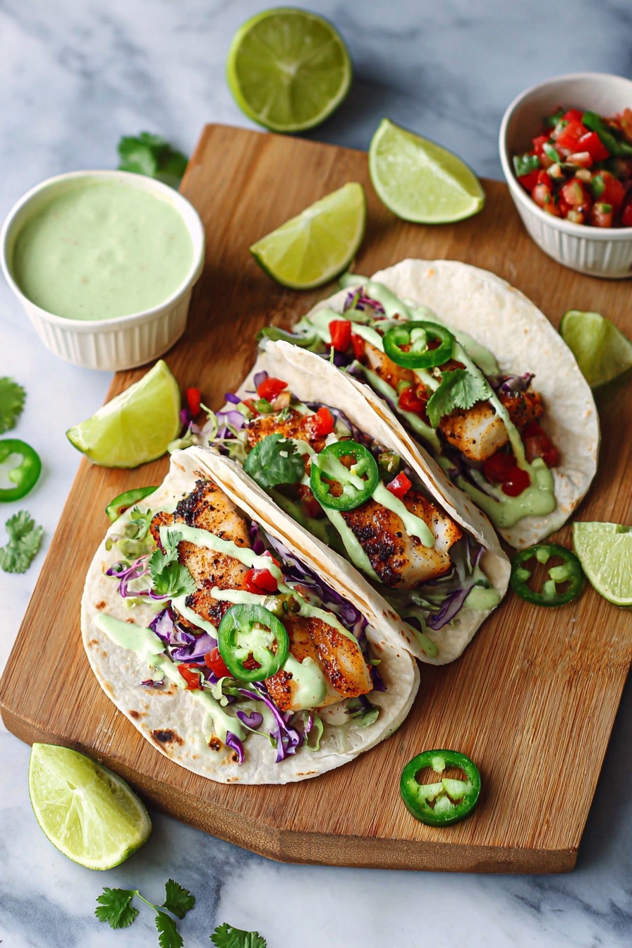 Two blackened fish tacos with purple cabbage and jalapenos.