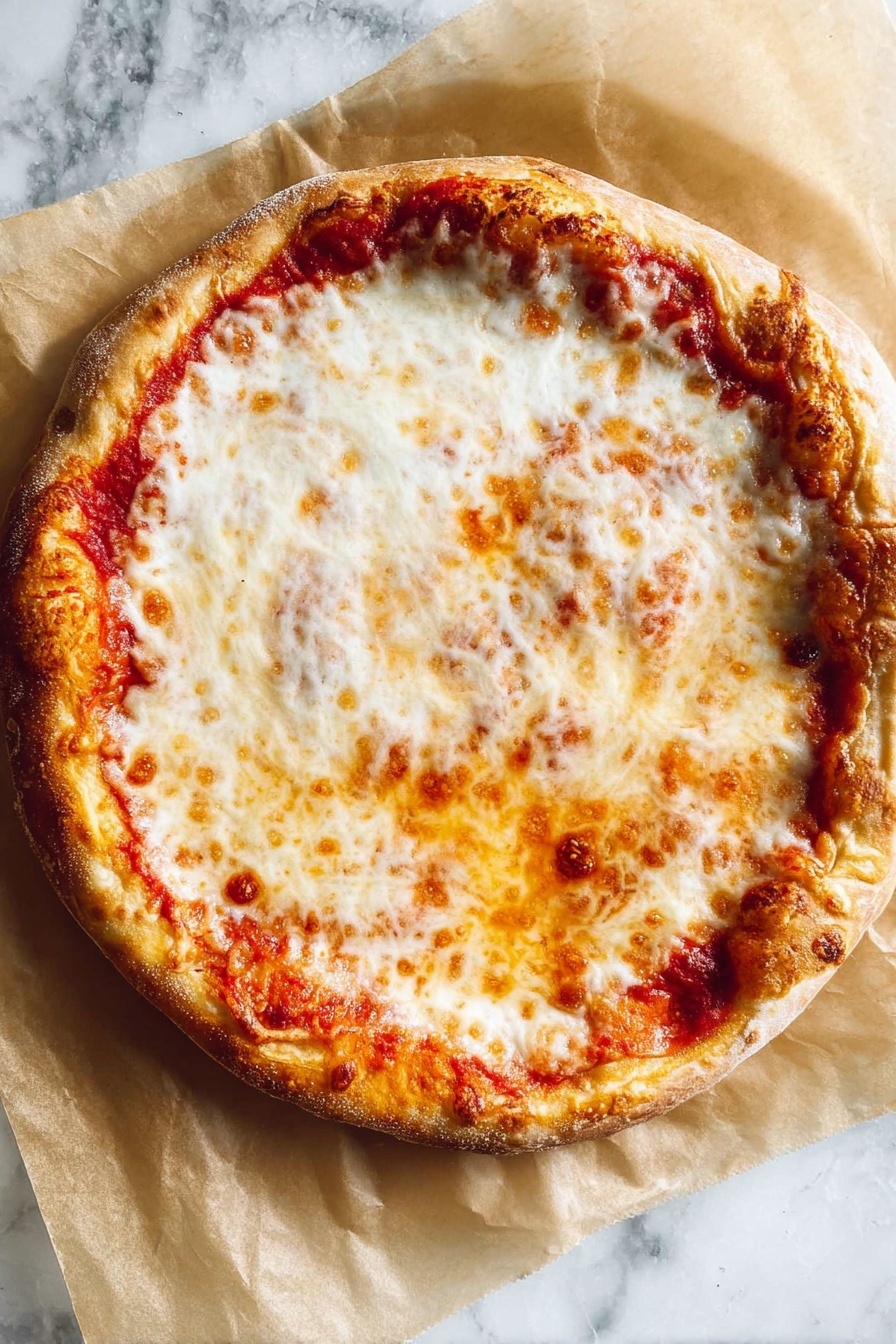 A pizza with cheese and sauce.