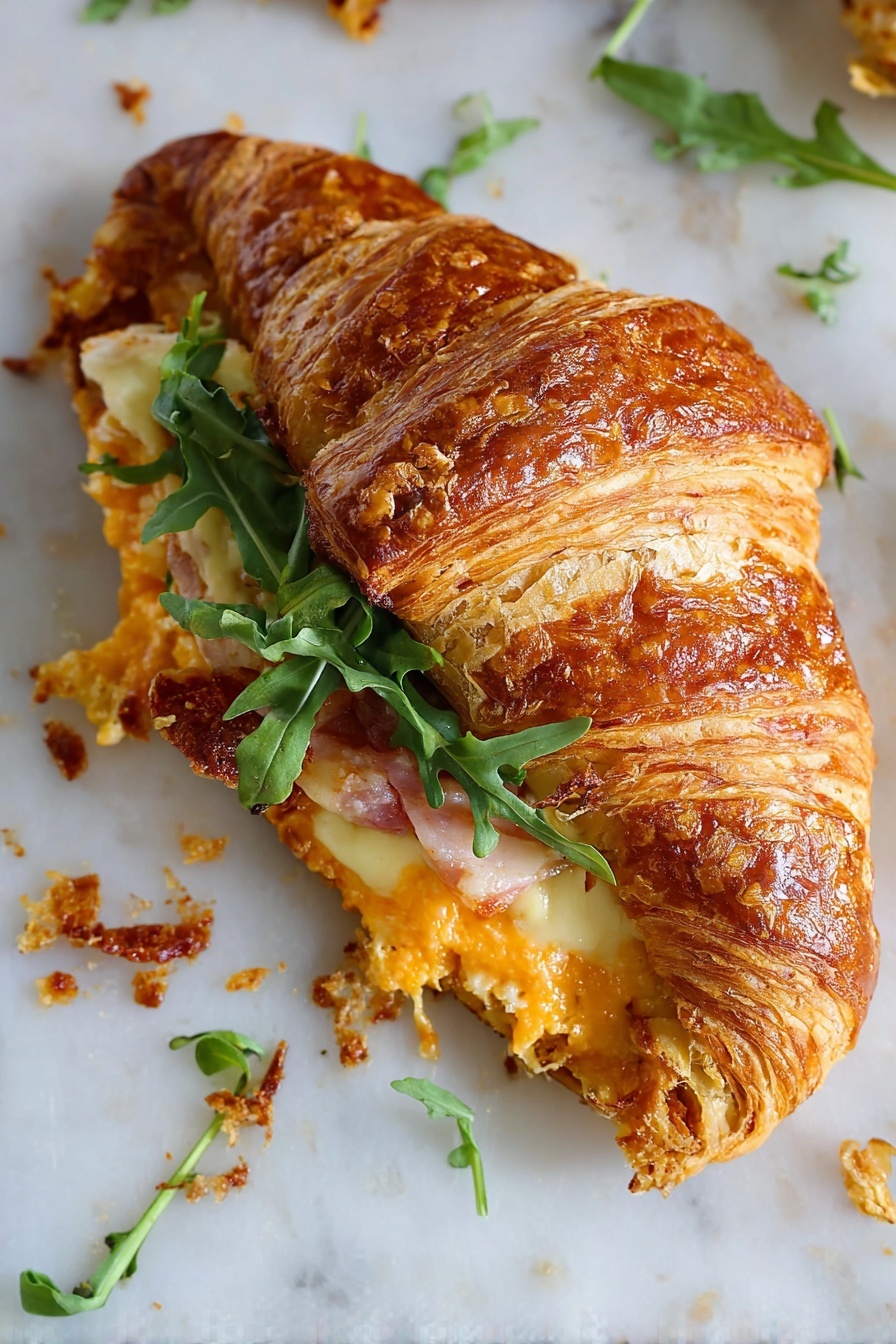 A croissant breakfast sandwich with cheese and greens.
