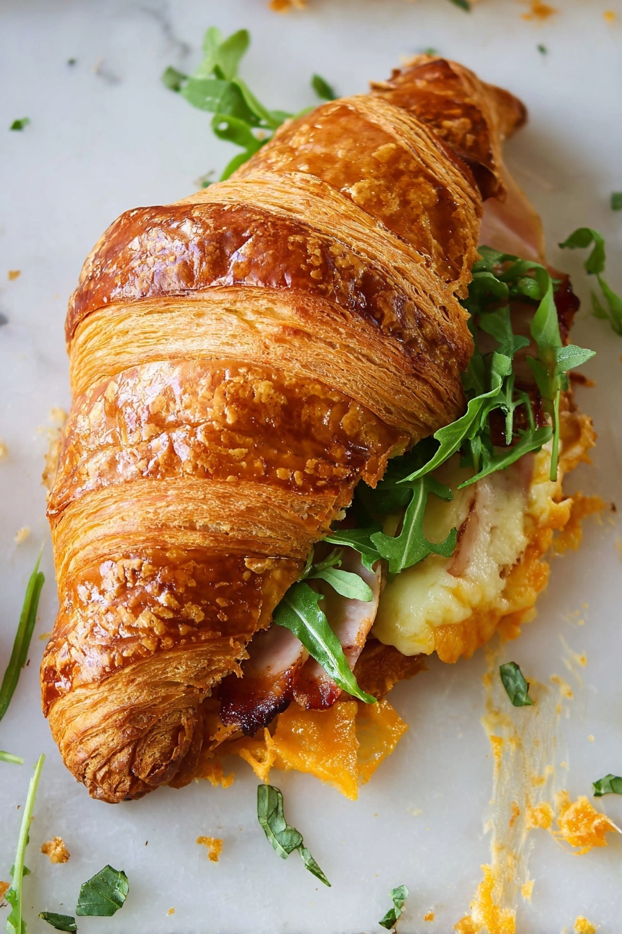 A croissant breakfast sandwich with ham and cheese.