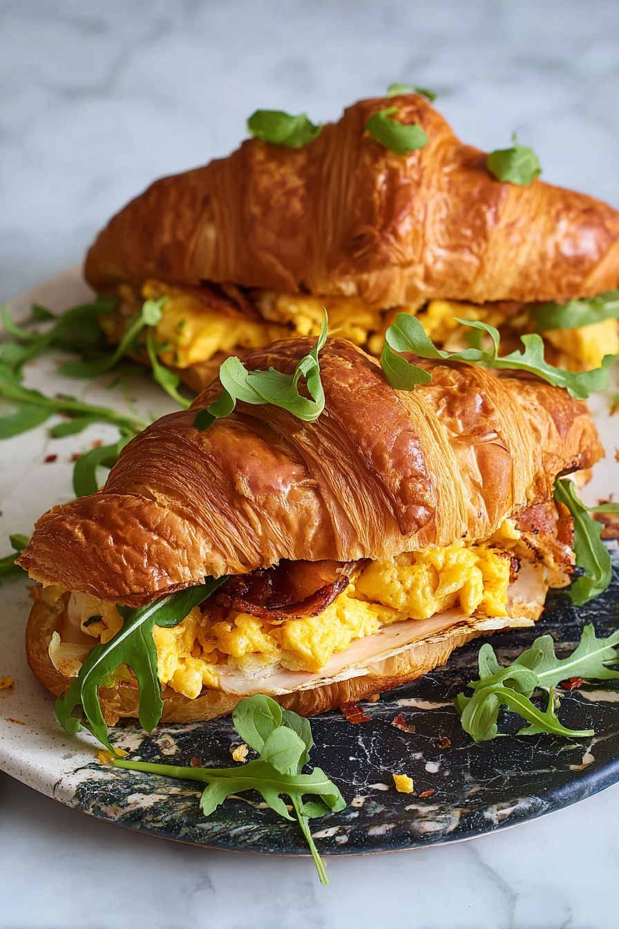A croissant breakfast sandwich with egg and bacon.