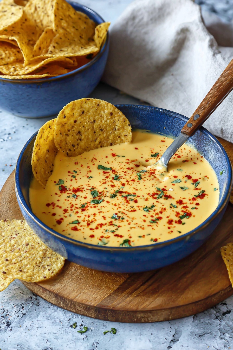 A bowl of cheese sauce with chips.