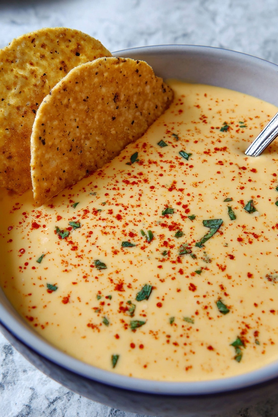 A bowl of cheese sauce with chips on top.