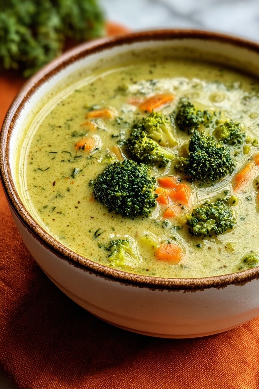 A bowl of soup with broccoli and carrots.