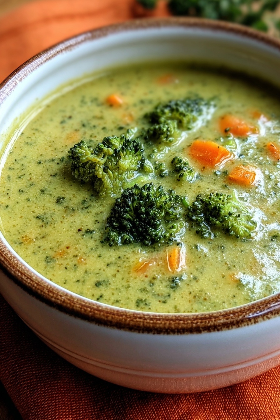 A bowl of soup with broccoli and carrots.