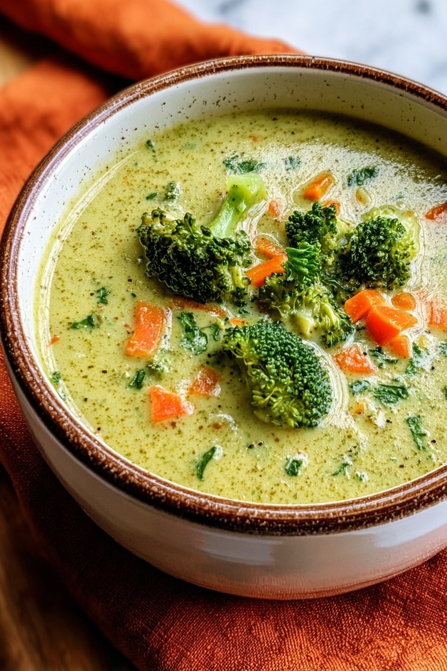 A bowl of soup with broccoli and carrots.