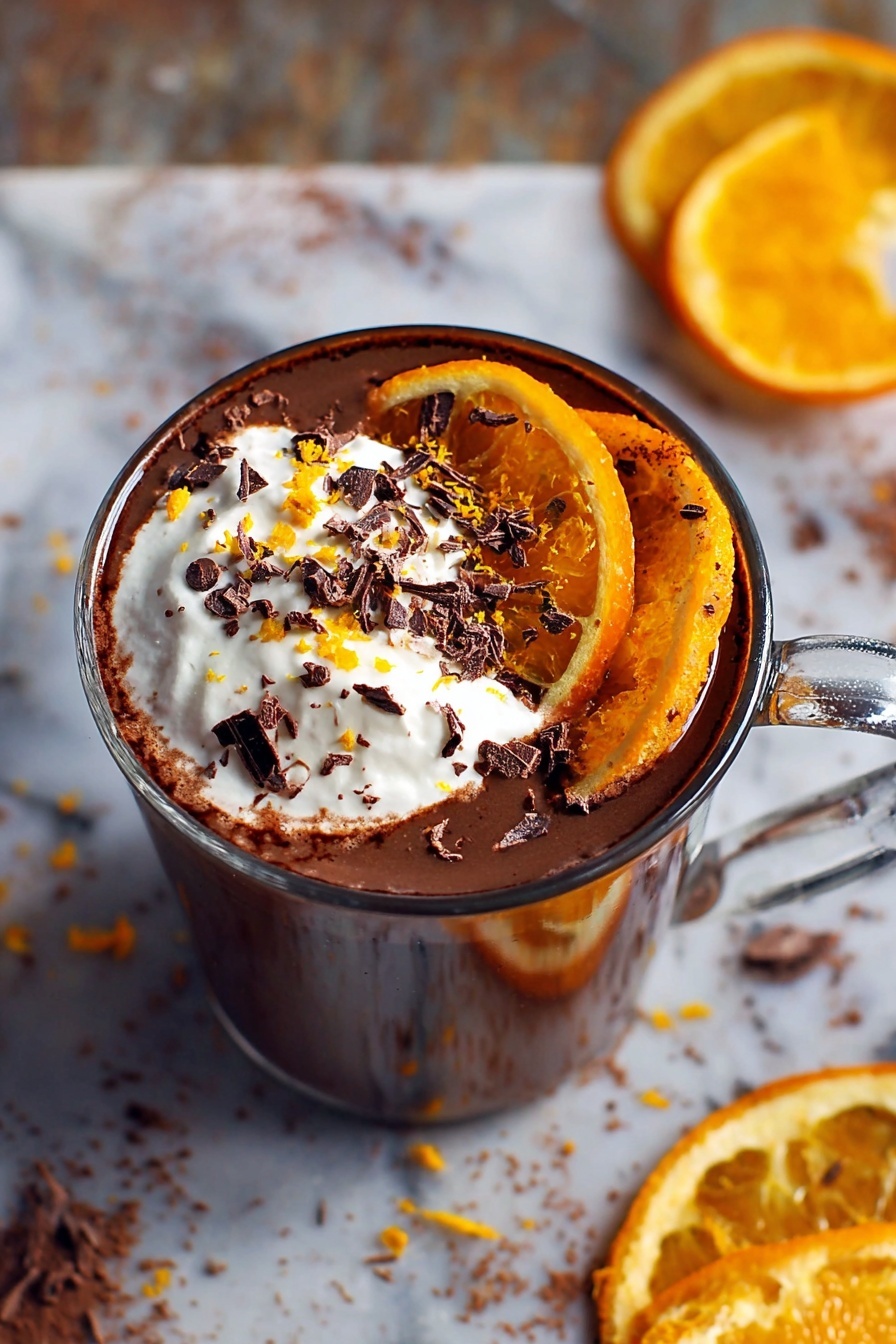 A cup of hot chocolate with orange slices on top.