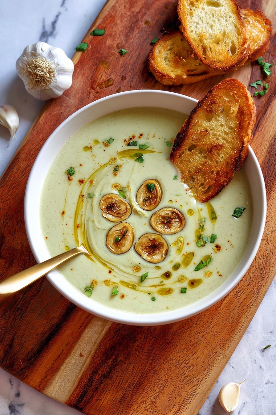 A bowl of creamy roasted garlic soup with a slice of bread on top.