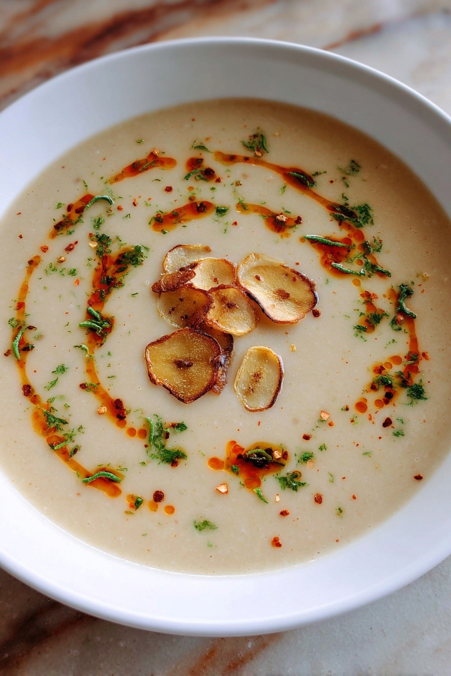A bowl of creamy roasted garlic soup.