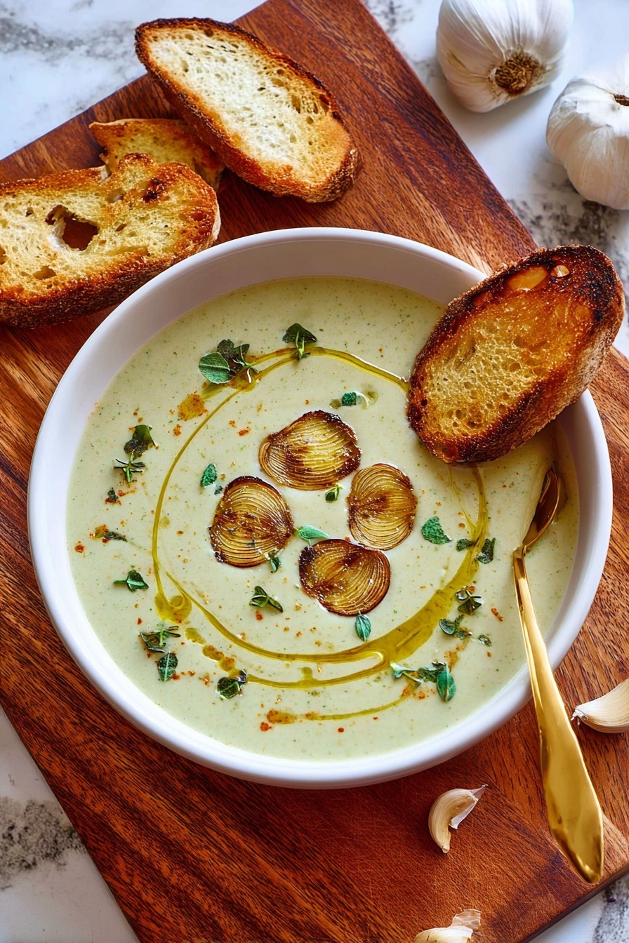 A bowl of creamy roasted garlic soup with a spoon in it.
