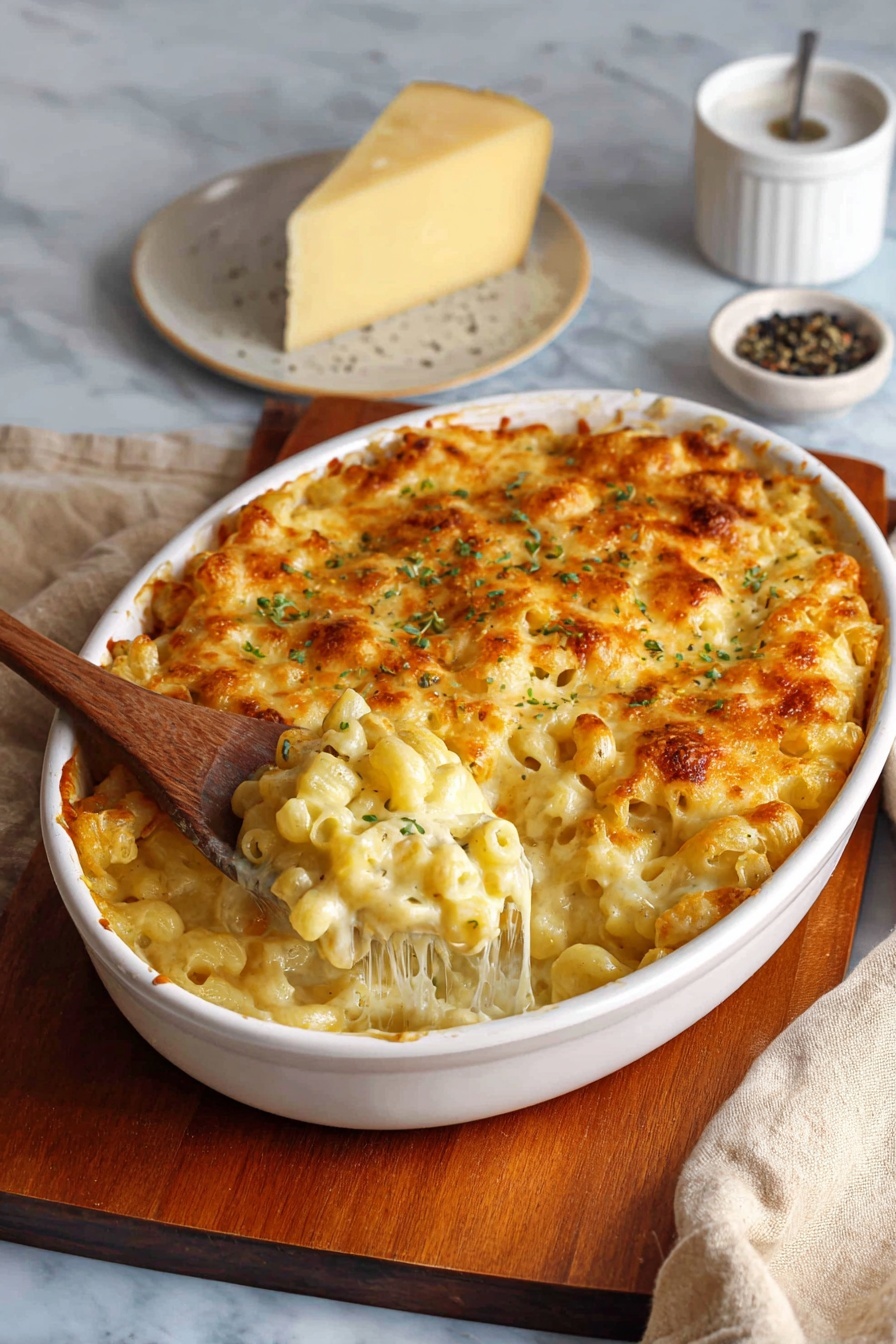 A bowl of macaroni and cheese with a wooden spoon in it.