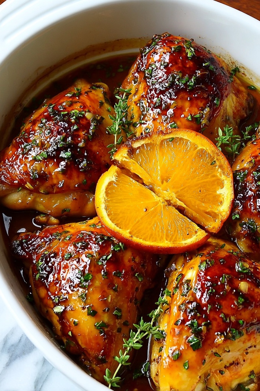 A bowl of roasted orange chicken with a slice of orange on top.