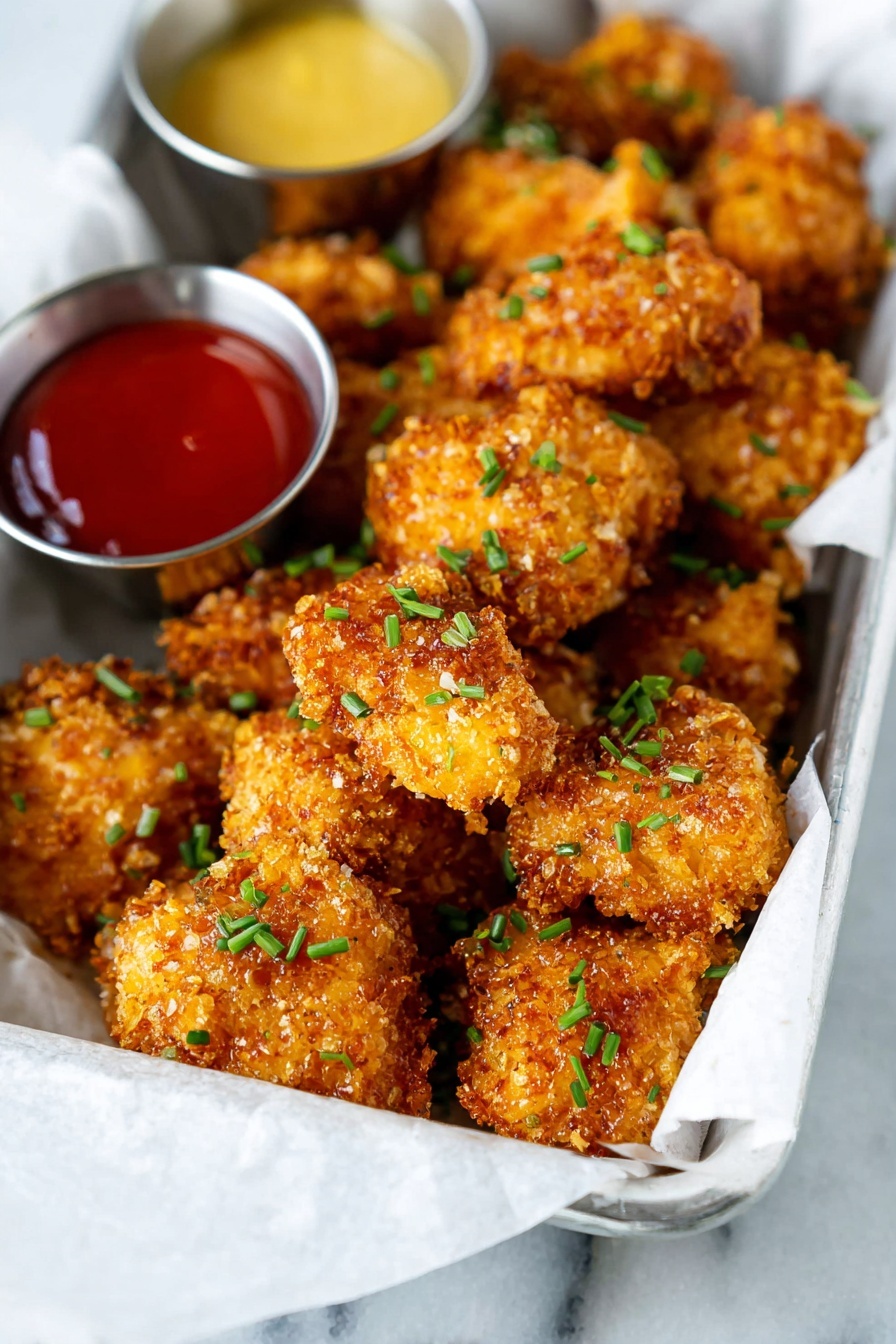 A container of vegan tofu nuggets with a dipping sauce.