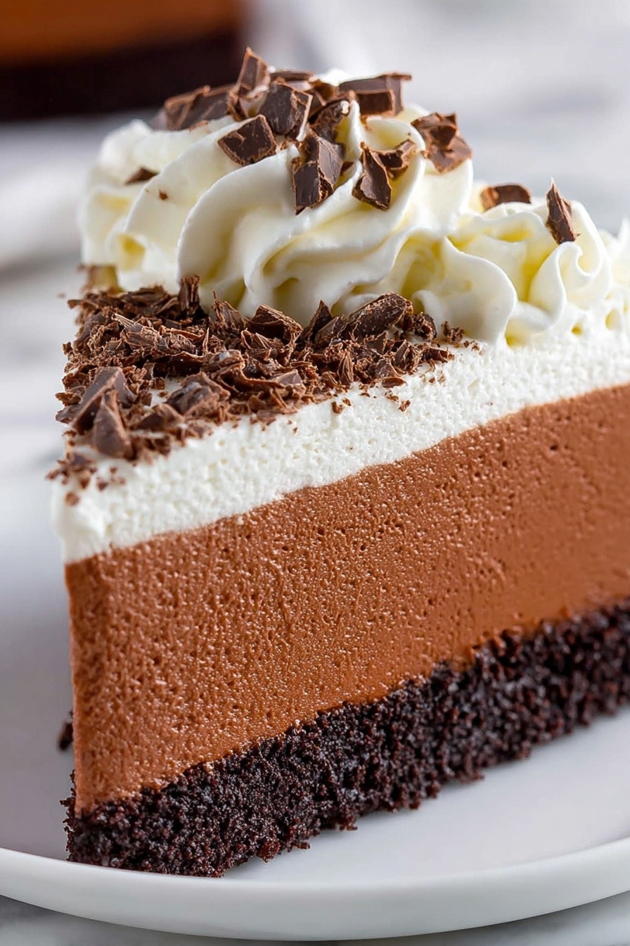 A slice of chocolate cheesecake.