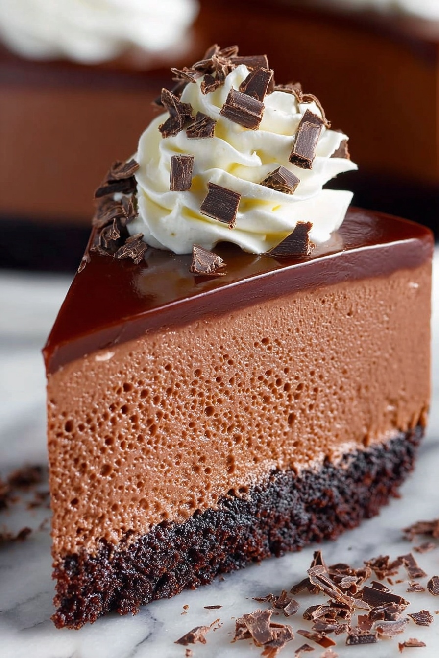 A slice of chocolate cheesecake with white whipped cream.