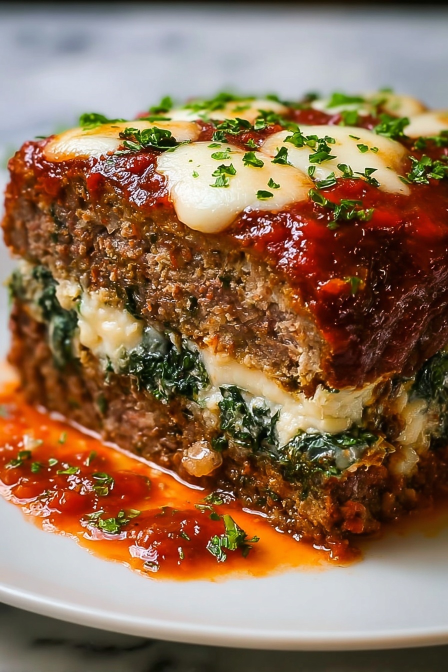 A close up of a stuffed Italian meatloaf.
