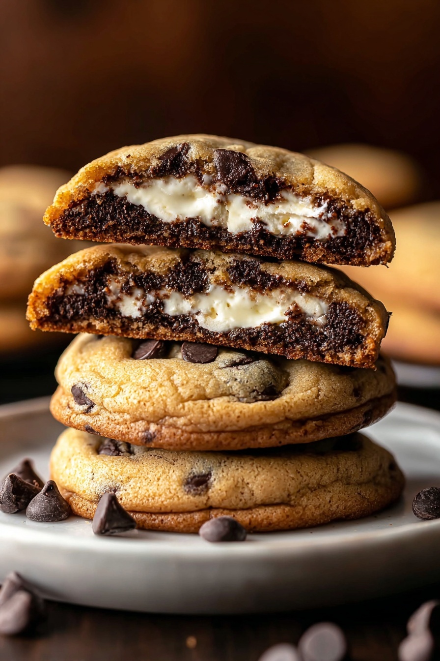 Three stacked chocolate chip cookies.