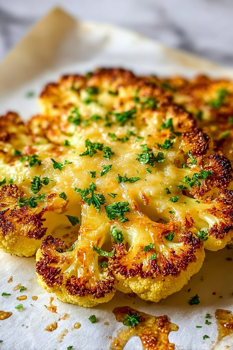 A close up of a piece of cauliflower with cheese on top.