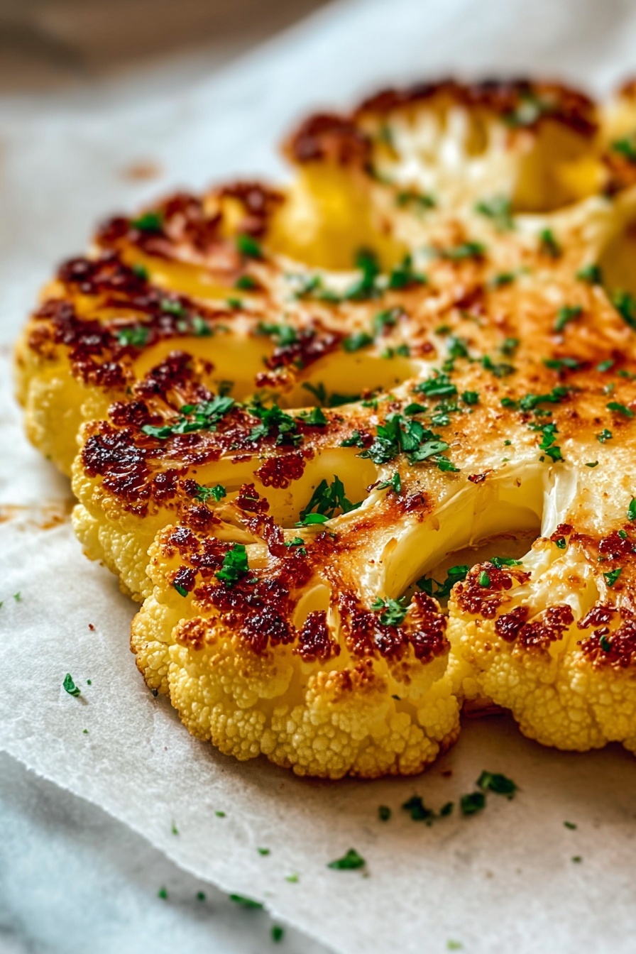 A close up of a cheesy cauliflower steak.