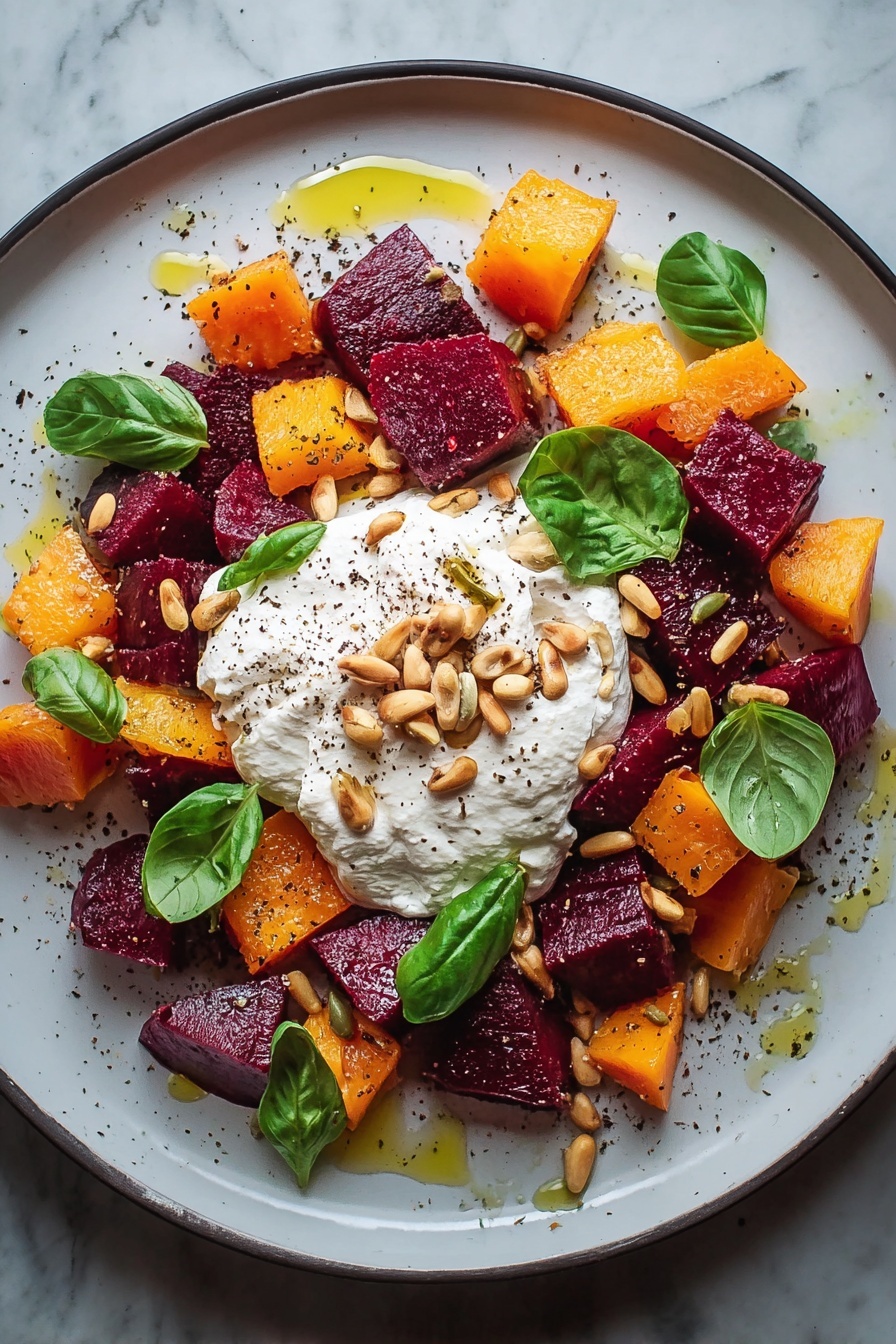 A plate of beet and burrata salad.