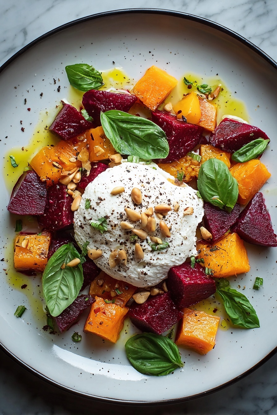 A plate of food with beets, spinach, and cheese.