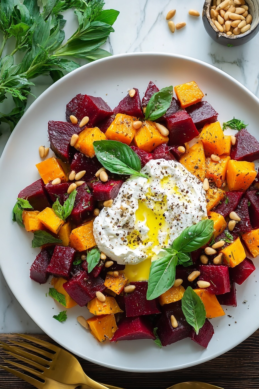 A plate of beet and burrata salad.
