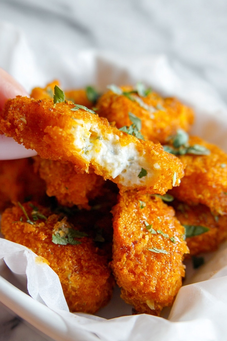 A hand holding a piece of buffalo tofu wings.
