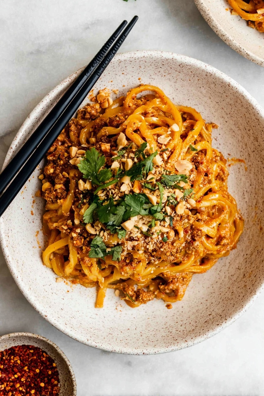 A plate of spicy peanut chicken noodles.