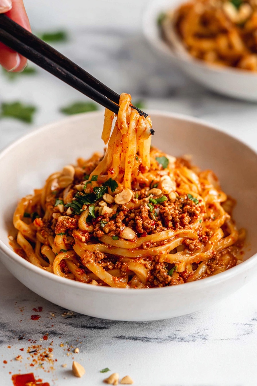A bowl of spicy peanut chicken noodles.