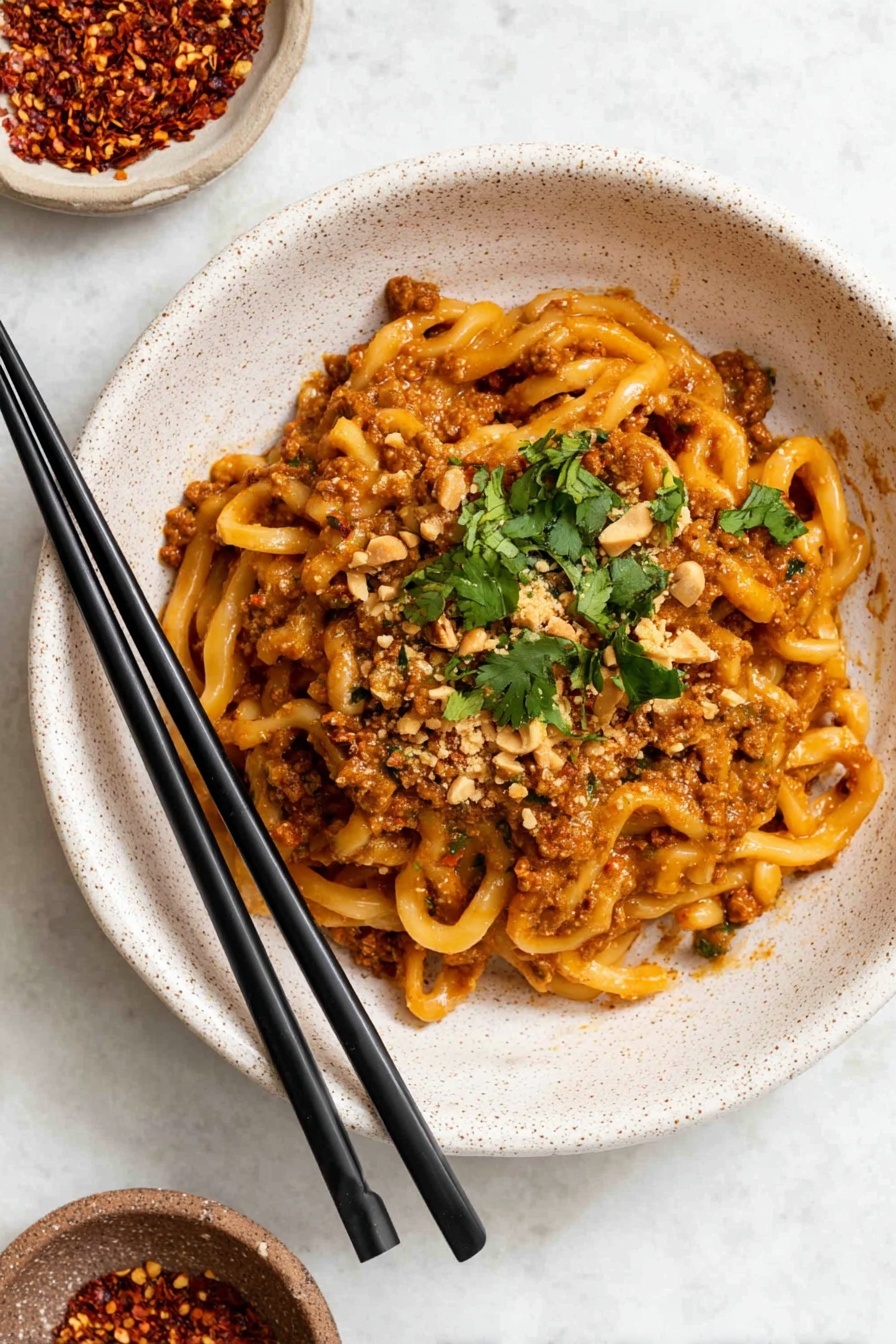 A bowl of spicy peanut chicken noodles.